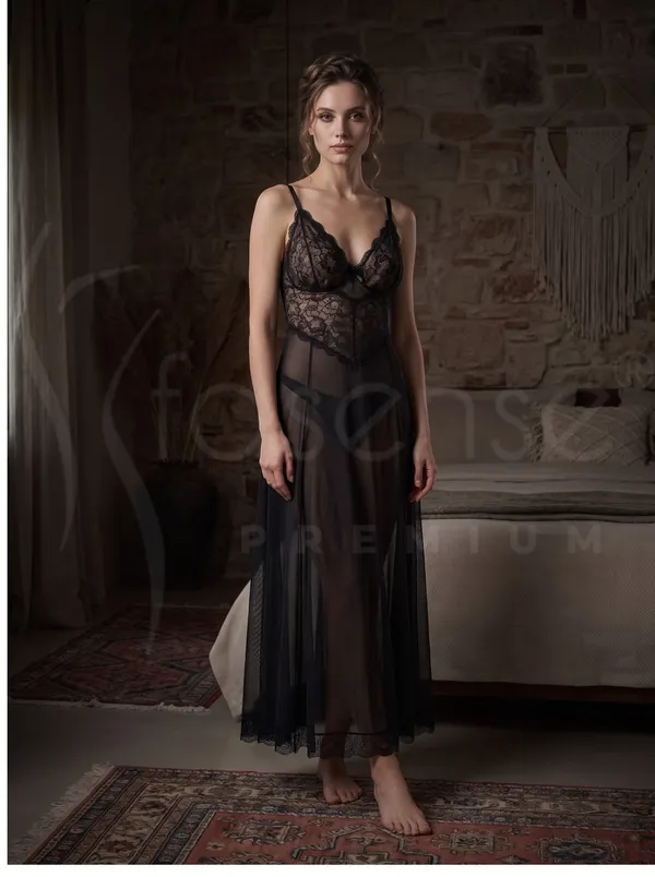 Sensual_Black_Powernet_Long_Babydoll_Dress_with_Floral_Lace_Bust_&_Dual_High_Slits