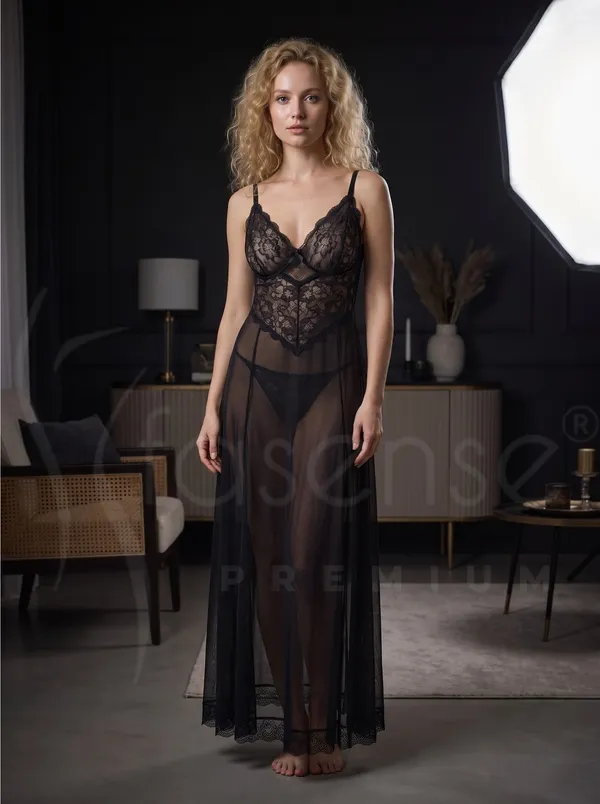 Sensual_Black_Powernet_Long_Babydoll_Dress_with_Floral_Lace_Bust_&_Dual_High_Slits