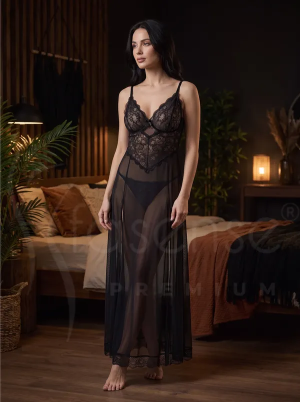 Sensual_Black_Powernet_Long_Babydoll_Dress_with_Floral_Lace_Bust_&_Dual_High_Slits