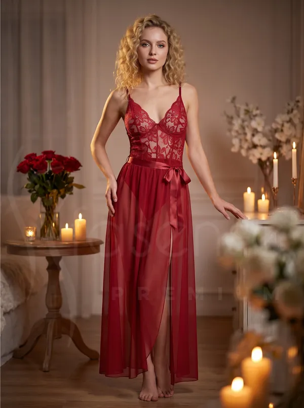 Sensual_Maroon_Powernet_Long_Babydoll_Dress_with_Floral_Lace_Bust_&_Front_High_Slit