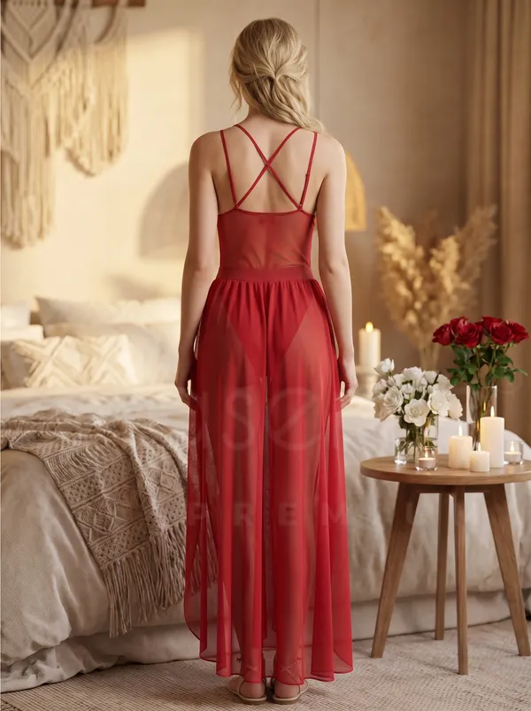 Sensual_Maroon_Powernet_Long_Babydoll_Dress_with_Floral_Lace_Bust_&_Front_High_Slit