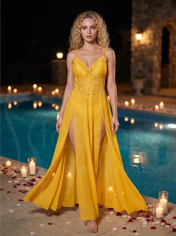 Sensual_Mustard_Powernet_Long_Babydoll_Dress_with_Floral_Lace_Bust_&_Dual_High_Slits
