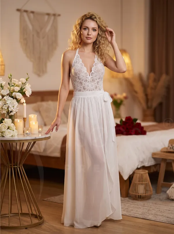 Sensual_White_Powernet_Long_Babydoll_Dress_with_Floral_Lace_Bust_&_Front_High_Slit