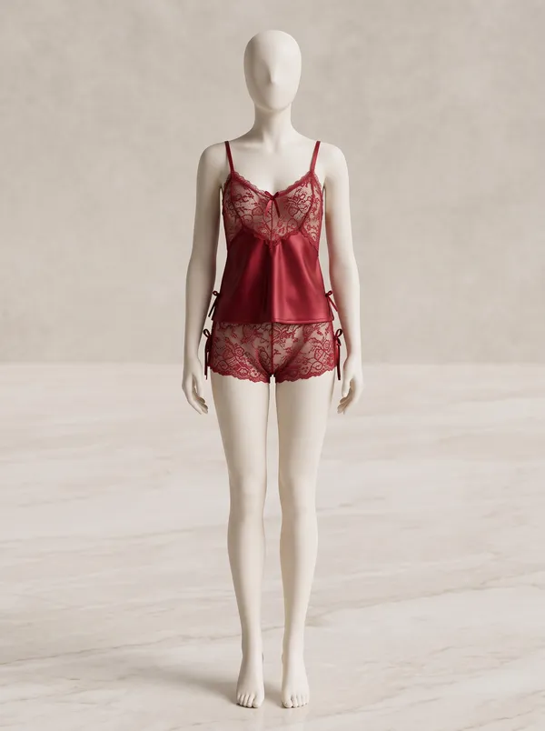 Silky_Satin_Maroon_Camisole_&_Floral_Lace_Shorts_Two-Piece_Nightwear_Set