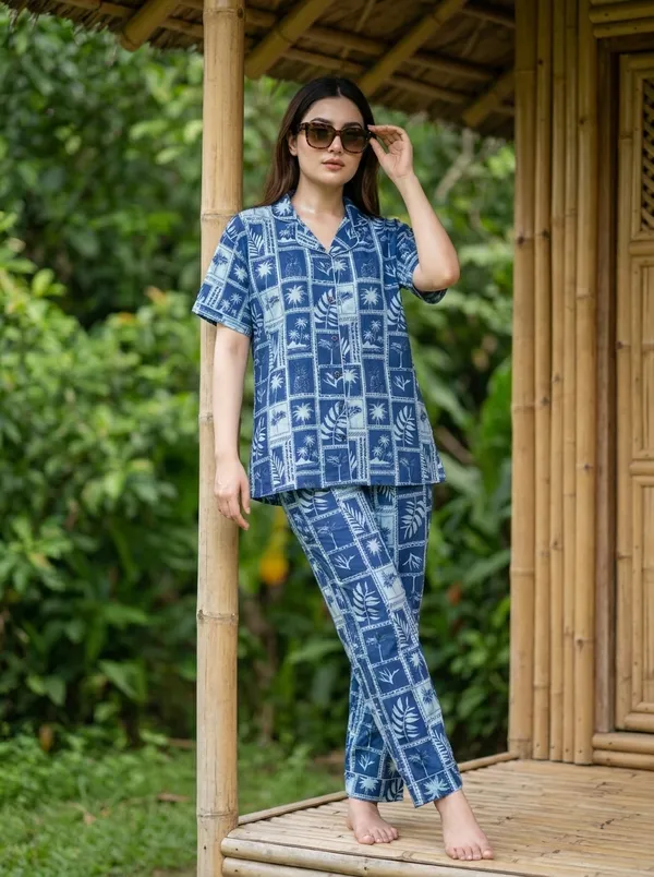 Fasense_Women's_Rayon_Cotton_Tropical_Print_Pajama_Set,_Blue_Notch_Collar_Nightsuit