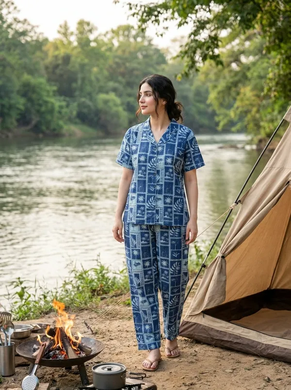 Fasense_Women's_Rayon_Cotton_Tropical_Print_Pajama_Set,_Blue_Notch_Collar_Nightsuit