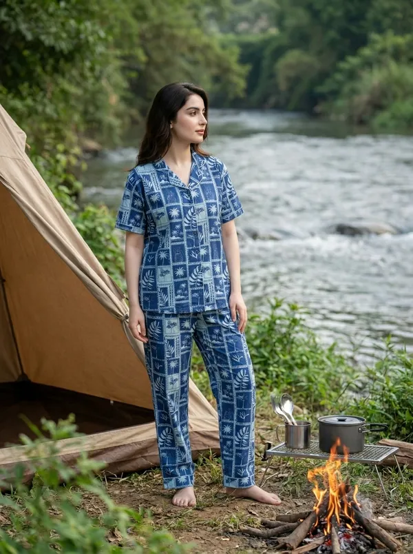 Fasense_Women's_Rayon_Cotton_Tropical_Print_Pajama_Set,_Blue_Notch_Collar_Nightsuit