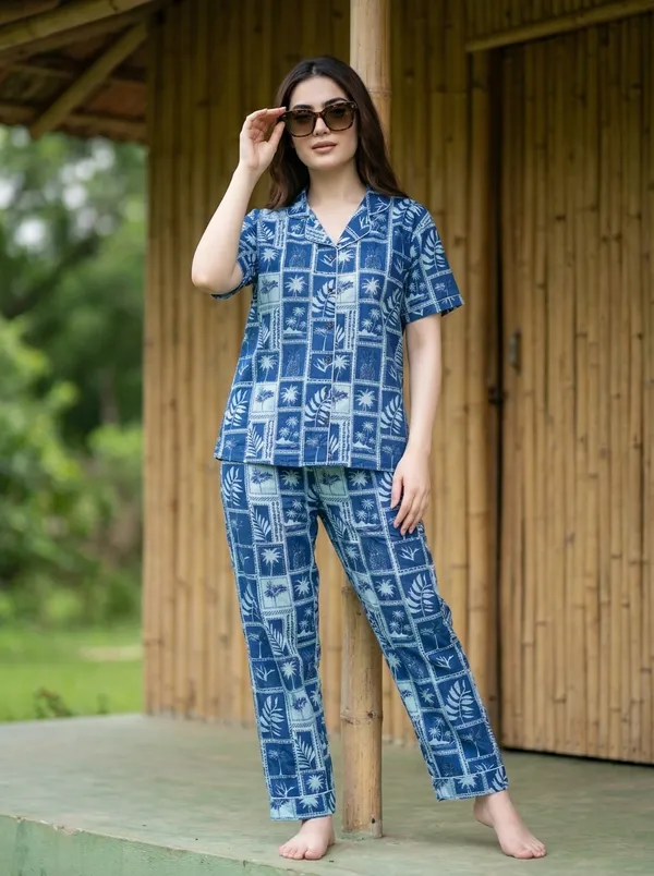 Fasense_Women's_Rayon_Cotton_Tropical_Print_Pajama_Set,_Blue_Notch_Collar_Nightsuit