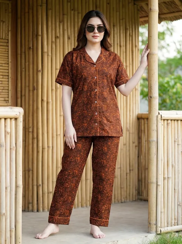 Fasense_Women's_Brown_Rayon_Cotton_Night_Suit,_Floral_Outline_Notch_Collar_Shirt_&_Pajama_Set