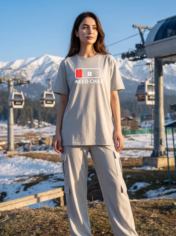Fasense_Women's_"Need_Chai"_Tencel_Modal_Lycra_Oversized_Tshirt_and_Cargo_Set_-_Desi_Graphic_Night_Suit