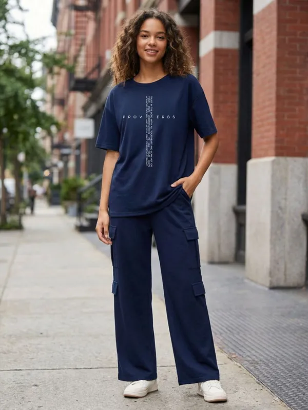 Fasense_Women's_Navy_Blue_Tencel_"Proverbs"_Printed_Night_Suit_-_Oversized_Top_And_Cargo_Pyjama_Set