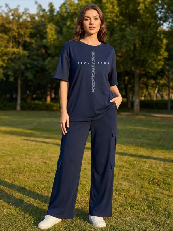 Fasense_Women's_Navy_Blue_Tencel_"Proverbs"_Printed_Night_Suit_-_Oversized_Top_And_Cargo_Pyjama_Set