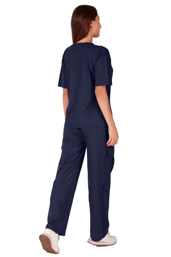 Fasense_Women's_Navy_Blue_Tencel_"Proverbs"_Printed_Night_Suit_-_Oversized_Top_And_Cargo_Pyjama_Set