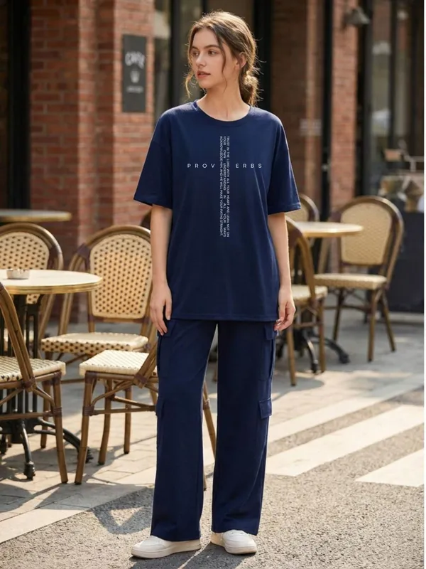 Fasense_Women's_Navy_Blue_Tencel_"Proverbs"_Printed_Night_Suit_-_Oversized_Top_And_Cargo_Pyjama_Set