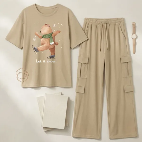 Fasense_Women's_"Let_It_Snow"_Bear_Print_Oversized_T-Shirt_and_Cargo_Set_-_Soft_Graphic_Night_Suit