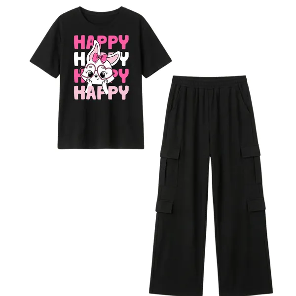 Fasense_Women's_"HAPPY"_Cute_Bunny_Graphic_Print_Oversized_T-Shirt_and_Cargo_Set_-_Soft_Lounge_Night_Suit