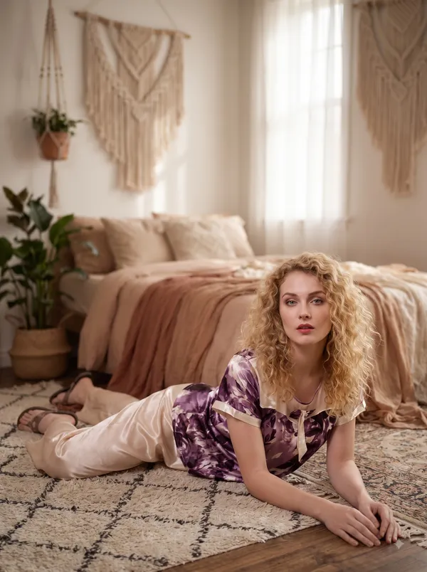 Women's_Floral_&_Champagne_Satin_Night_Suit_-_Short_Sleeve_Top_and_Pyjama_Set