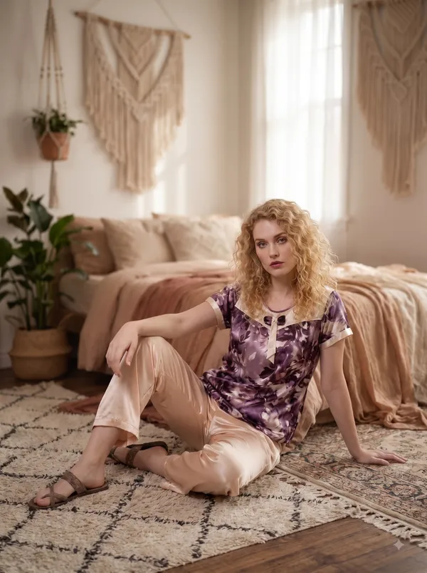 Women's_Floral_&_Champagne_Satin_Night_Suit_-_Short_Sleeve_Top_and_Pyjama_Set