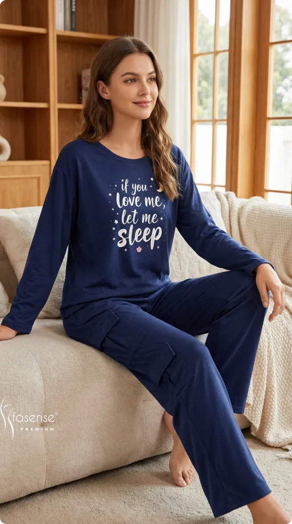 Fasense_Women's_Navy_Blue_Tencel_"If_You_Love_Me_Let_Me_Sleep"_Night_Suit_-_Oversized_Full_Sleeve_Top_And_Cargo_Pyjama_Set_-_Soft_Premium_Loungewear