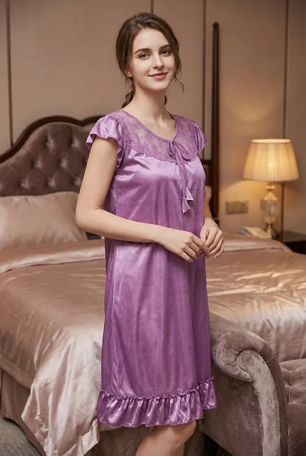 Women's_Maroon_Stretch_Satin_Knee-Length_Nighty_Lace_Embroidered_Sleepwear