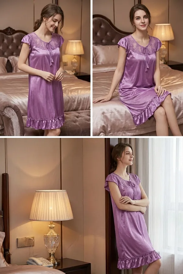 Women's_Maroon_Stretch_Satin_Knee-Length_Nighty_Lace_Embroidered_Sleepwear