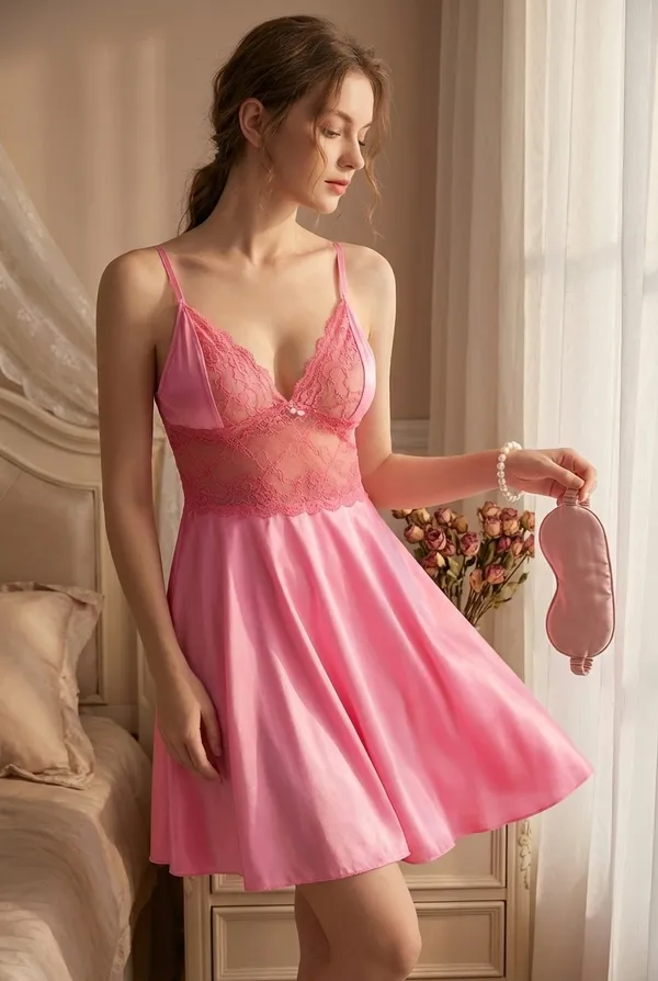 Fasense_Women_Lycra_Satin_Babydoll_Nightdress_with_Lace,_Sleeveless_V-Neck_Nightwear_for_Women