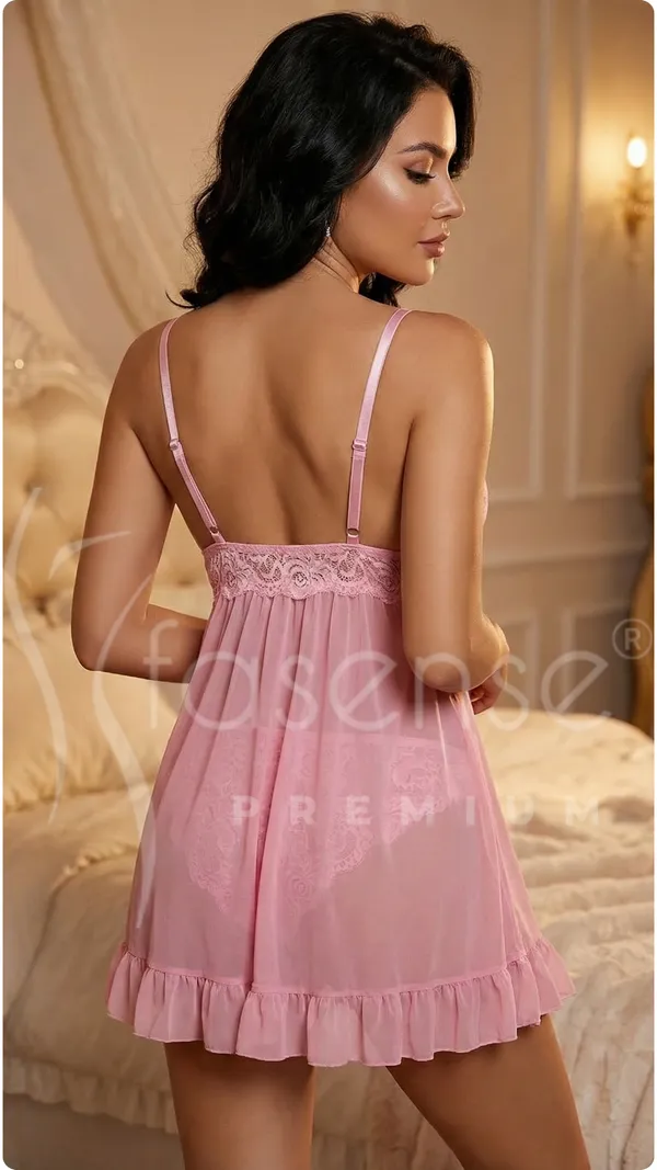 Fasense_Rose_Pink_Lace_Front-Open_Bridal_Babydoll_for_Women_-_Sheer_Ruffle_Trim_Honeymoon_Nightwear_(Powernet)
