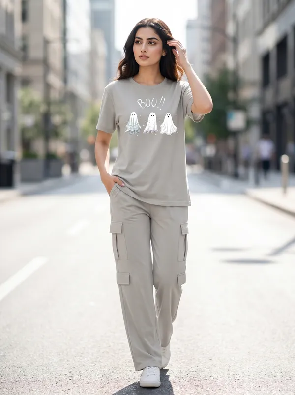 Fasense_Women's_"BOO!!"_Ghost_Print_Oversized_T-Shirt_and_Cargo_Set_-_Soft_Graphic_Night_Suit