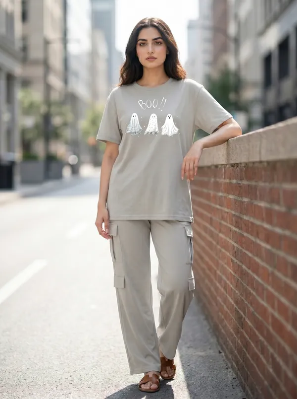 Fasense_Women's_"BOO!!"_Ghost_Print_Oversized_T-Shirt_and_Cargo_Set_-_Soft_Graphic_Night_Suit
