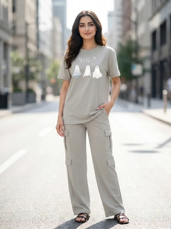 Fasense_Women's_"BOO!!"_Ghost_Print_Oversized_T-Shirt_and_Cargo_Set_-_Soft_Graphic_Night_Suit