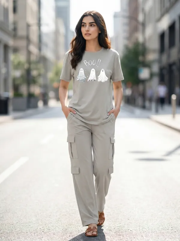 Fasense_Women's_"BOO!!"_Ghost_Print_Oversized_T-Shirt_and_Cargo_Set_-_Soft_Graphic_Night_Suit