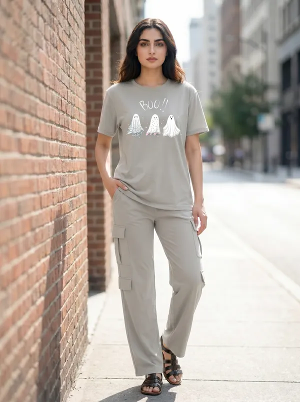 Fasense_Women's_"BOO!!"_Ghost_Print_Oversized_T-Shirt_and_Cargo_Set_-_Soft_Graphic_Night_Suit