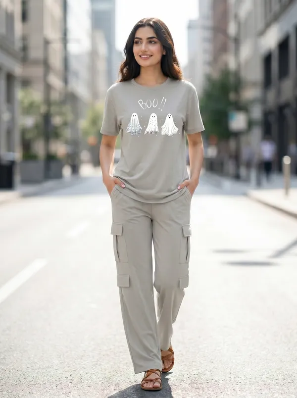 Fasense_Women's_"BOO!!"_Ghost_Print_Oversized_T-Shirt_and_Cargo_Set_-_Soft_Graphic_Night_Suit