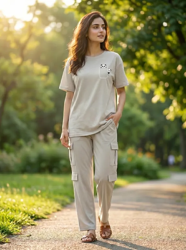 Fasense_Women's_"Pocket_Panda"_Tencel_Modal_Lycra_Oversized_Tshirt_and_Cargo_Set_-_Cute_Graphic_Night_Suit