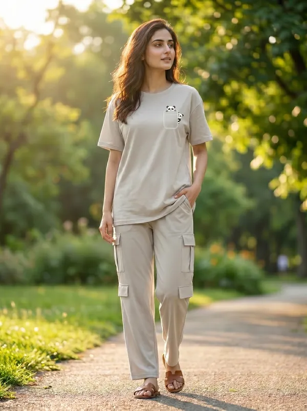 Fasense_Women's_"Pocket_Panda"_Tencel_Modal_Lycra_Oversized_Tshirt_and_Cargo_Set_-_Cute_Graphic_Night_Suit