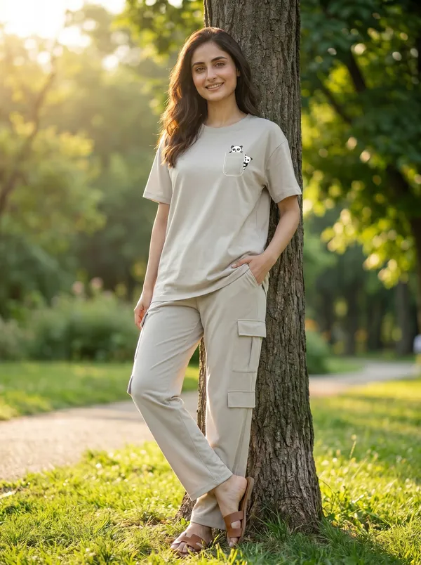 Fasense_Women's_"Pocket_Panda"_Tencel_Modal_Lycra_Oversized_Tshirt_and_Cargo_Set_-_Cute_Graphic_Night_Suit