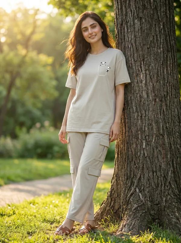 Fasense_Women's_"Pocket_Panda"_Tencel_Modal_Lycra_Oversized_Tshirt_and_Cargo_Set_-_Cute_Graphic_Night_Suit