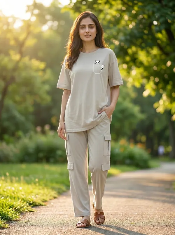 Fasense_Women's_"Pocket_Panda"_Tencel_Modal_Lycra_Oversized_Tshirt_and_Cargo_Set_-_Cute_Graphic_Night_Suit