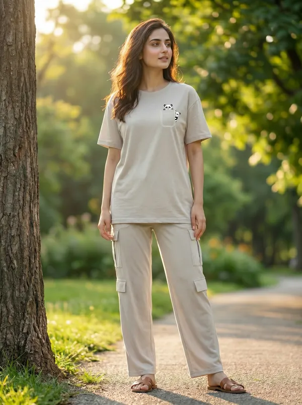 Fasense_Women's_"Pocket_Panda"_Tencel_Modal_Lycra_Oversized_Tshirt_and_Cargo_Set_-_Cute_Graphic_Night_Suit