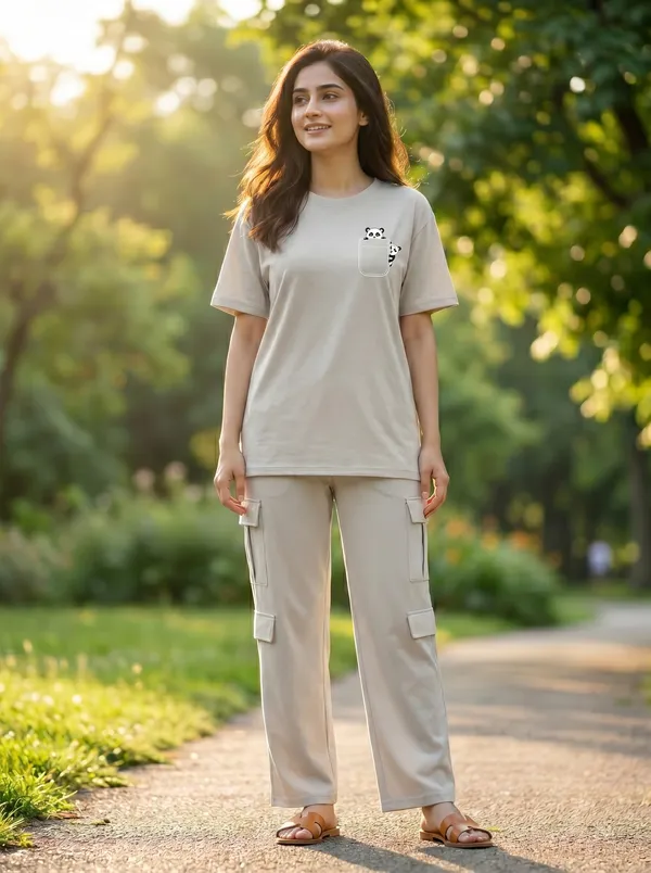 Fasense_Women's_"Pocket_Panda"_Tencel_Modal_Lycra_Oversized_Tshirt_and_Cargo_Set_-_Cute_Graphic_Night_Suit
