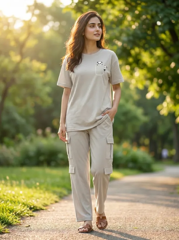 Fasense_Women's_"Pocket_Panda"_Tencel_Modal_Lycra_Oversized_Tshirt_and_Cargo_Set_-_Cute_Graphic_Night_Suit