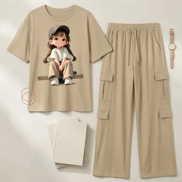 Fasense_Women's_Anime_Girl_Graphic_Print_Oversized_T-Shirt_and_Cargo_Set_-_Soft_Lounge_Night_Suit