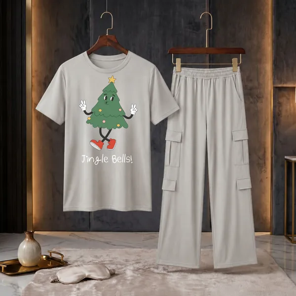 Fasense_Women's_"Jingle_Bells!"_Christmas_Tree_Print_Oversized_T-Shirt_and_Cargo_Set_-_Soft_Graphic_Night_Suit