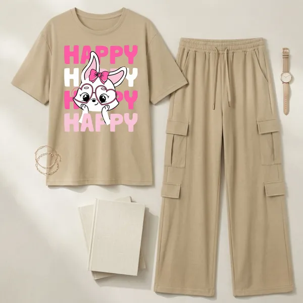 Fasense_Women's_"HAPPY"_Cute_Bunny_Graphic_Print_Oversized_T-Shirt_and_Cargo_Set_-_Soft_Lounge_Night_Suit