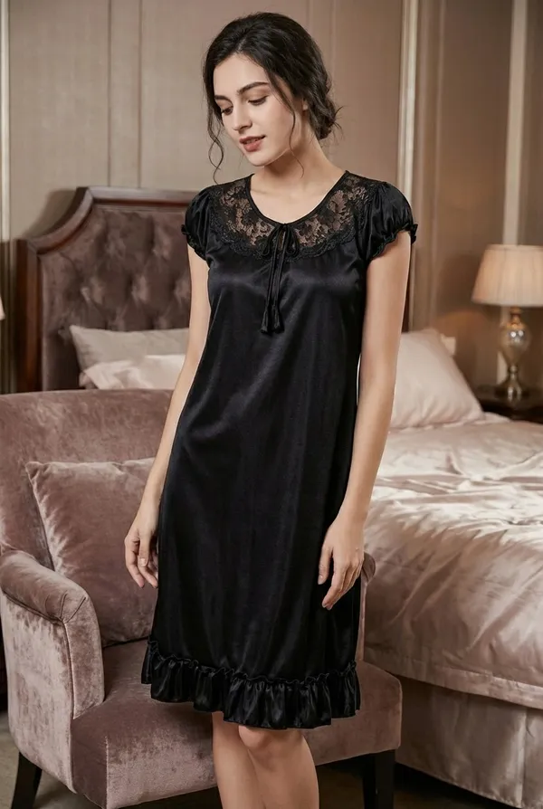 Women's_Maroon_Stretch_Satin_Knee-Length_Nighty_Lace_Embroidered_Sleepwear