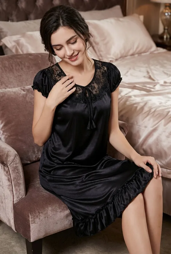Women's_Maroon_Stretch_Satin_Knee-Length_Nighty_Lace_Embroidered_Sleepwear