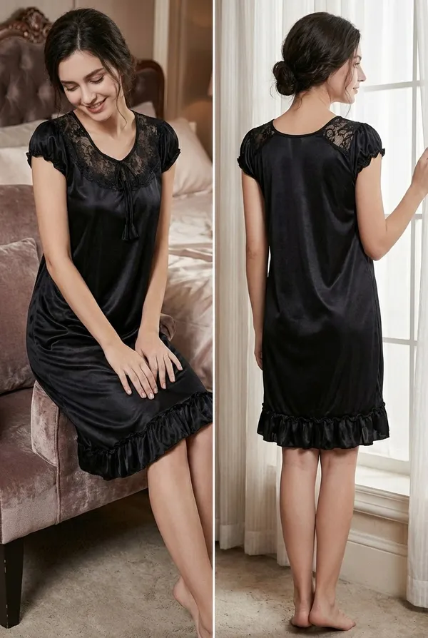 Women's_Maroon_Stretch_Satin_Knee-Length_Nighty_Lace_Embroidered_Sleepwear