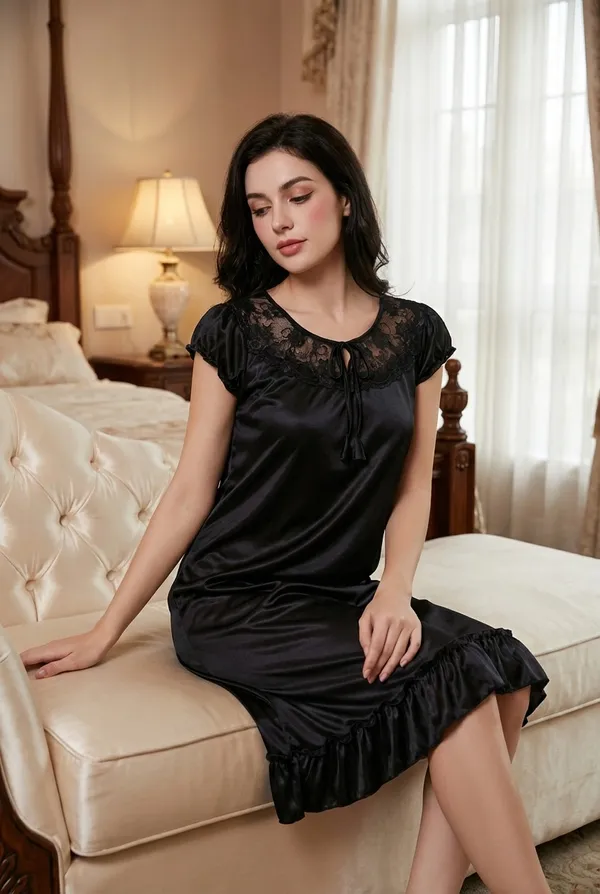 Women's_Maroon_Stretch_Satin_Knee-Length_Nighty_Lace_Embroidered_Sleepwear