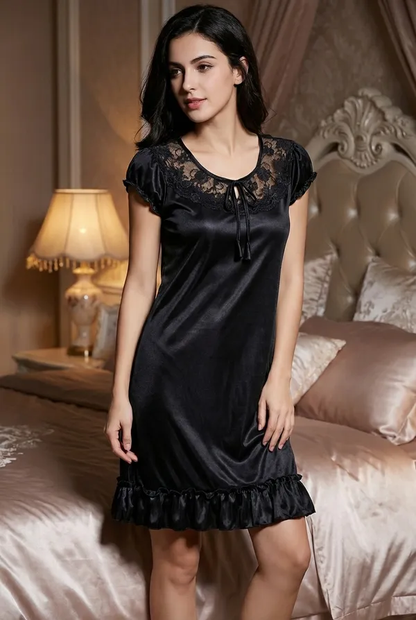 Women's_Maroon_Stretch_Satin_Knee-Length_Nighty_Lace_Embroidered_Sleepwear