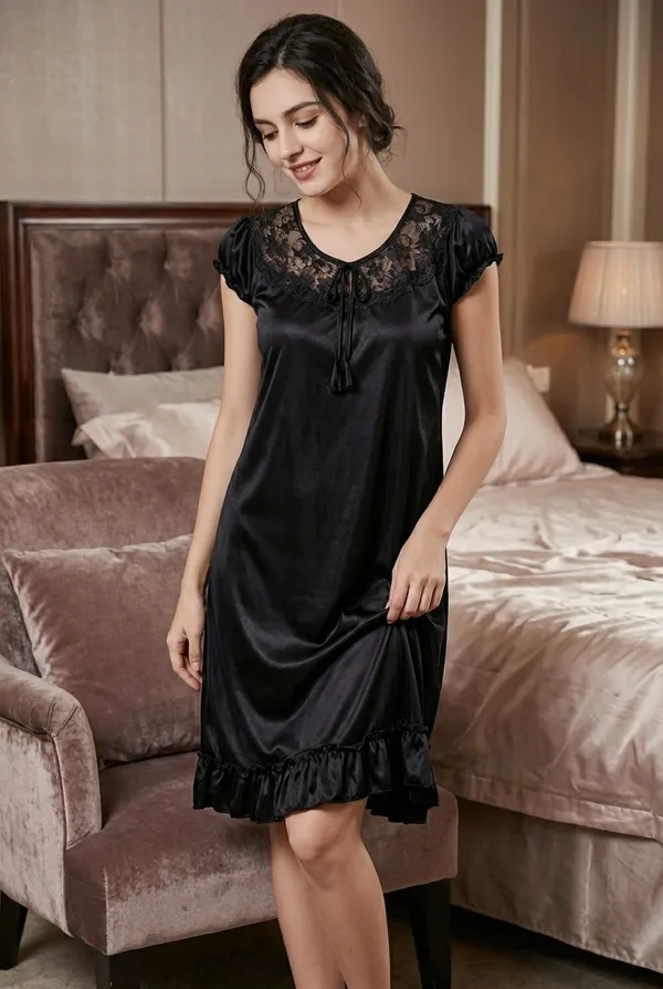 Women's_Maroon_Stretch_Satin_Knee-Length_Nighty_Lace_Embroidered_Sleepwear